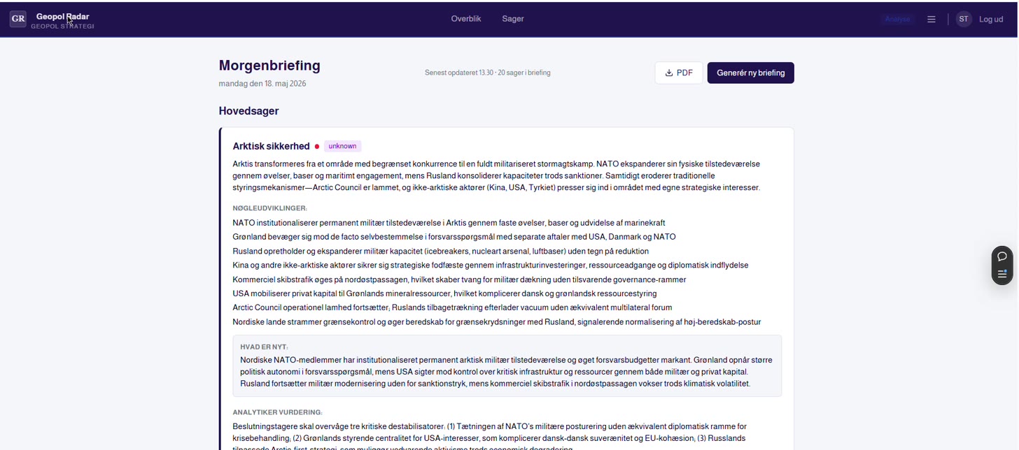 Geopol Radar — radar-sweep over security domains, dashboard-visning