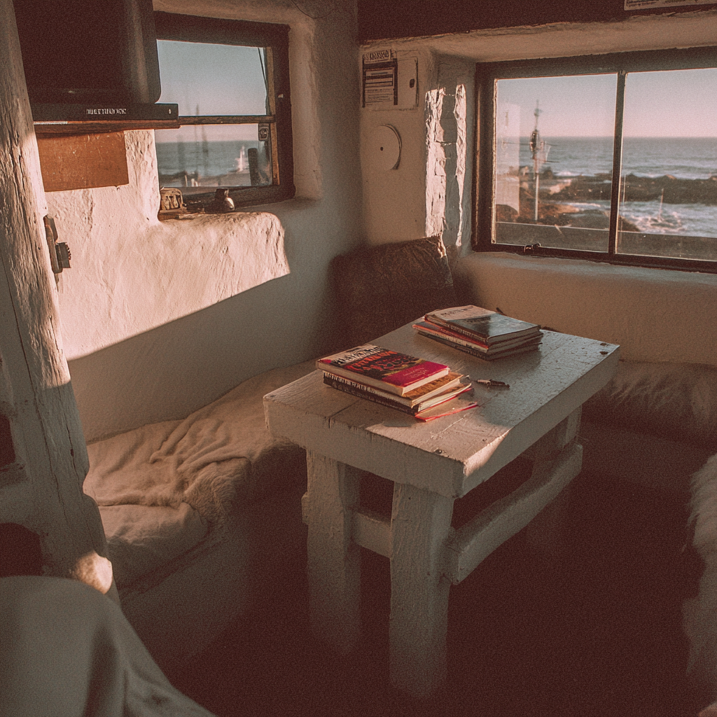 Havvilla med havudsigt — skrivebord mod havet, golden hour